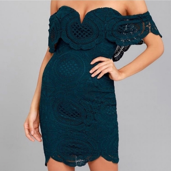 Lulus Bellissimo Teal Off-The-Shoulder Bodycon Lace Dress Size XS - Picture 1 of 9